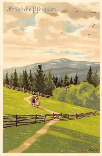 B194 Pfingstgrüße 1906 Paar zu Fuß Bergweg Kunst Mailick Postkarte