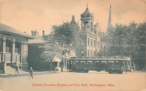 B187 US Library Traction Station and City Hall Wellington Ohio Tram Postkarte
