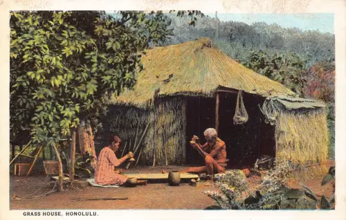 B185 US Honolulu Hawaii Grass House Native Men Ethno Postkarte