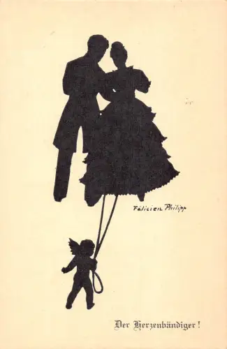 B199 Silhouette Kunst von Felicien Philipp Paar Engel hält Streicher Postkarte