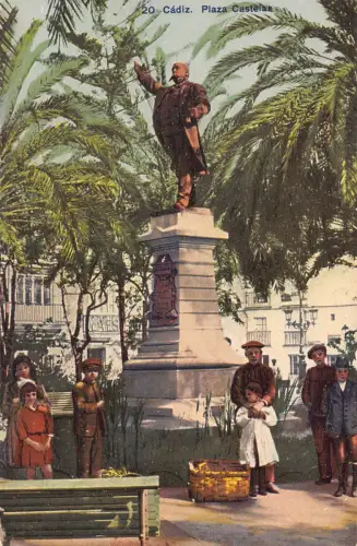 B195 Spanien Cadiz Plaza Castela Statue Vintage Postkarte