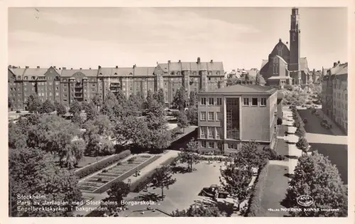 A923 Schweden Stockholm Parti av Jarlaplan med Borgarskola RPPC Vintage Postkarte