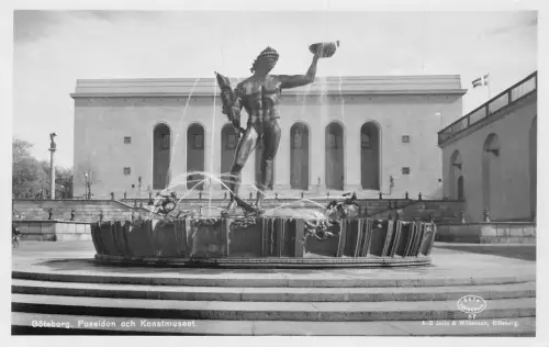 A923 Schweden Goeteborg Poseidon och Konstmuseet Brunnen RPPC Vintage Postkarte