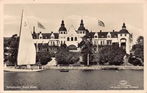 A923 Schweden 1950 Saltsjoebaden Grand Hotel Segelboot RPPC Vintage Postkarte