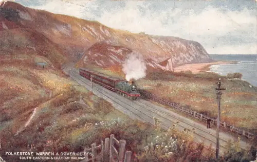 A925 Dampfzug Folkestone Warren and Dover Cliffs Chatham Eisenbahn Postkarte
