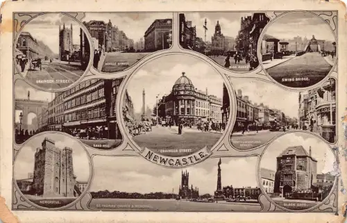 B213 England Newcastle Grainger Street Swing Bridge Multi-View Vintage Postkarte