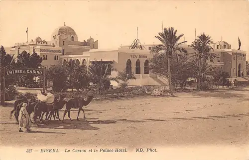 A928 Algerien Biskra Casino und Palace Hotel Kamele Teestube Postkarte