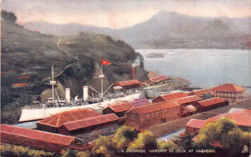 A927 Japan 1904 Kriegsschiff im Dock bei Nagasaki Steamboat Vintage Postkarte