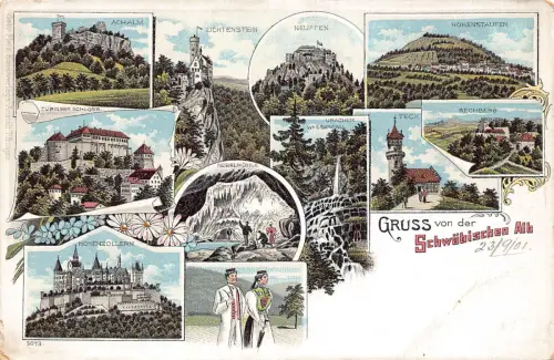 A933 Deutschland Gruss von Schwäbischen Alb Blumen Schloss Paar Litho Postkarte