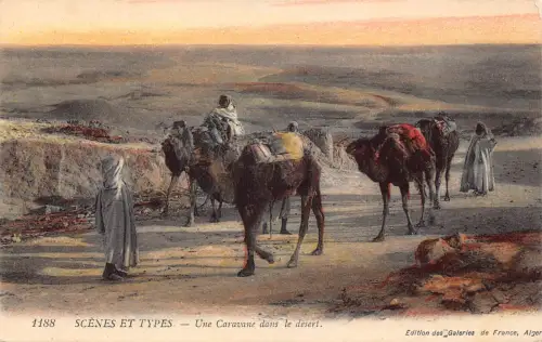 A933 Algerien Szenen et Typen Karawane Dans Wüste Kamele Ureinwohner Postkarte