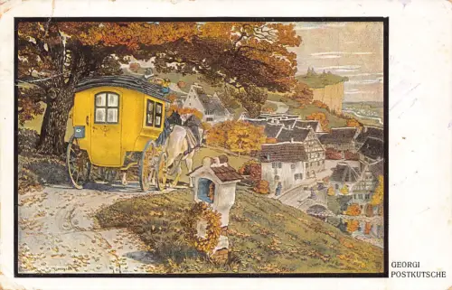 Kunst gelbe Pferdekutsche auf dem Weg zum Dorf Herbst Landschaft Vintage Postkarte