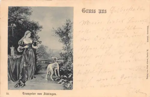 Gruss aus, Trompeter von Sackingen Trompete Lady Dog 1898 Vintage Postkarte