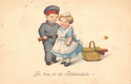 Soldatenliebe 1916 Kinder als Puppen Wurstkorb 1. Weltkrieg Feldpostkarte