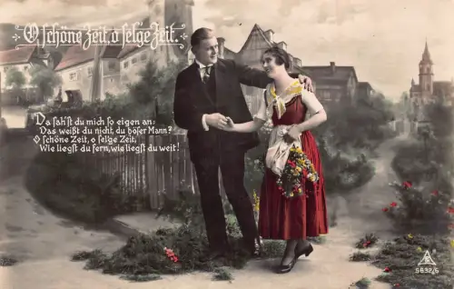 Fotomontage Schöne Zeit Paar Blumen in Schürze Dorf Vintage Postkarte