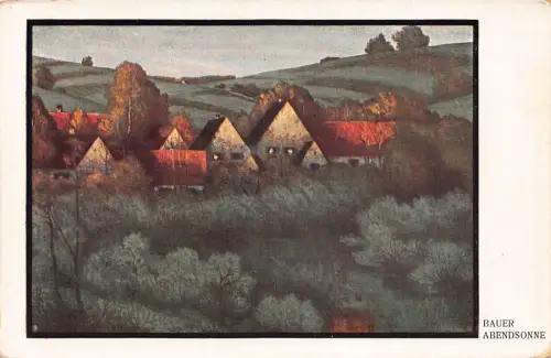 Art Bauer Abendsonne Village at Dawn Landschaft Passepartout Vintage Postkarte