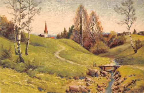 Landschaft Birkenbäume Fluss Wald Kirche in der Ferne Vintage Postkarte