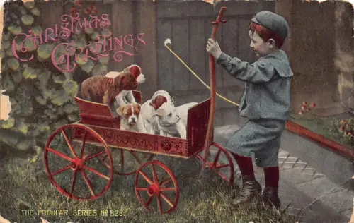 Weihnachtsgrüße kleiner Junge mit Beagle Welpenwagen Vintage Postkarte