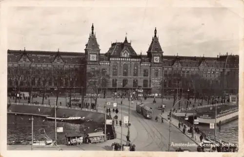 A936 Niederlande Amsterdam Hauptbahnhof Straßenbahn RPPC Vintage Postkarte