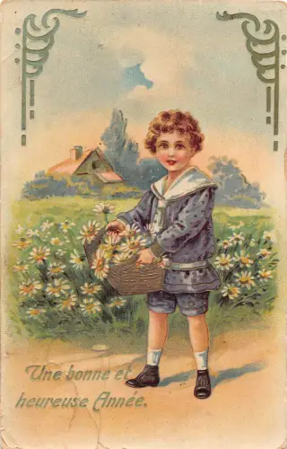 Neujahrsgrüße Mädchen Gänseblümchen Blumen Korb und Feld Vintage Postkarte