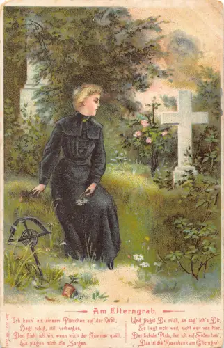 Am Grab der Eltern schwarz gekleidete Dame Trauer Friedhof Gedicht 1906 Postkarte