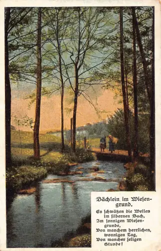 Idyllische Landschaft Flussüberquerung Wald Bauern Gedicht Vintage Postkarte