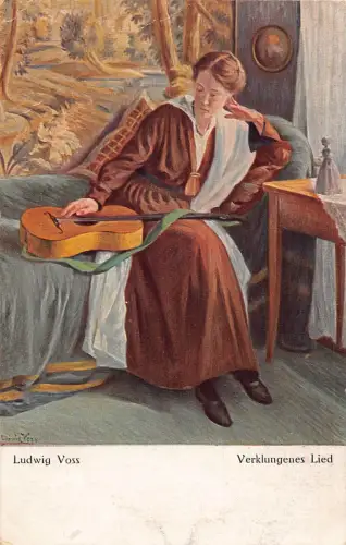 Kunst signiert Ludwig Voss Mädchen starrt auf Gitarre im Bett Vintage Postkarte