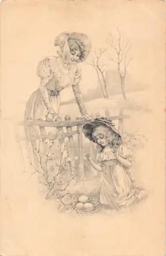 Ostergrüße 1911 Mutter und Tochter Eiersuche Zeichnung Postkarte