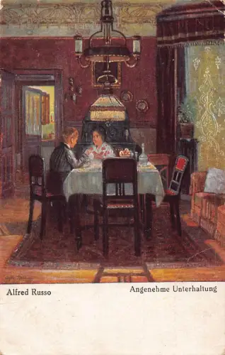 Kunst signiert Alfred Russo Paar spricht am Esstisch 1918 Vintage Postkarte
