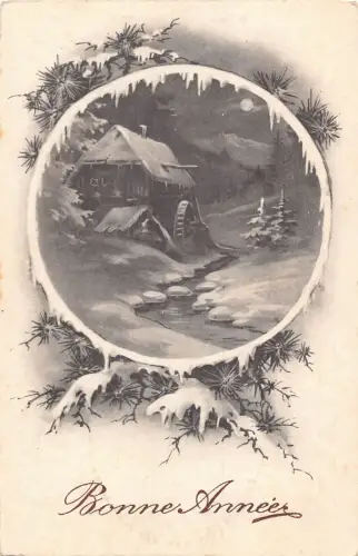 Neujahrsgrüße Passepartout Windmühle unter Mondschein Tannenzweige Postkarte