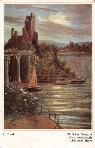 Landschaftskunst Südküste signiert E Frank Segelboot Mondschein Postkarte