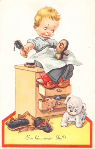 Comic Humor Kleiner Junge im Regal findet Loch im Schuh Hund Vintage Postkarte