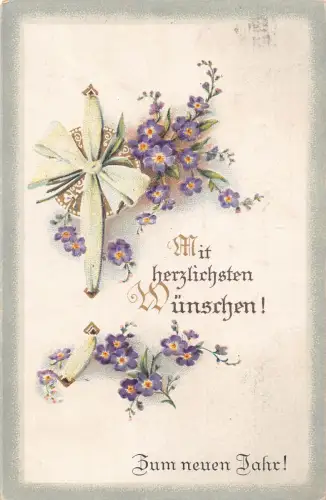Neujahrsgrüße kleine lila Blumen Band Vintage Postkarte