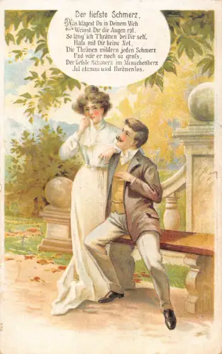 Verrat Ehemann tröstet weinende Frau Gedicht Vintage Postkarte
