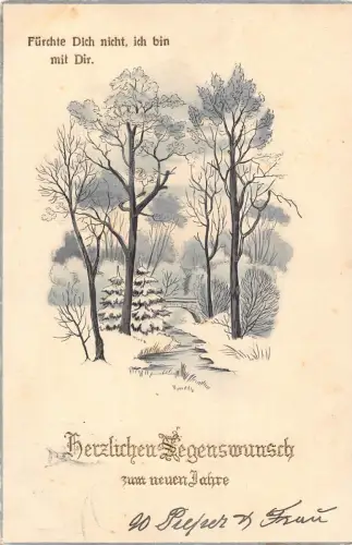 Neujahrsgrüße 1912 gezeichnete Bäume bedeckt mit Snow River Bridge Postkarte