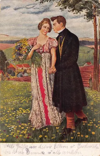 Feldpost WWI 1918 Paar nimmt Hand großer Blumenstrauß Vintage Postkarte