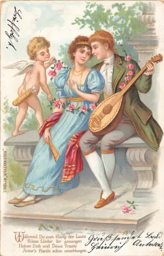 Liebe 1903 Paar umgeben von Rosen Mandoline Cherub Litho Postkarte