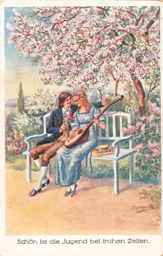 Romantik Paar Mädchen spielt Mandoline auf Bank unter Blütenblüte Baum Postkarte