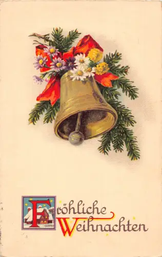 Weihnachtsgrüße 1932 Glocke verziert mit Gänseblümchen Blumen Band Postkarte
