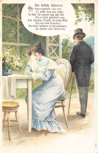 Verrat weinende Frau am Tisch, während Ehemann Gedicht verlässt Vintage Postkarte