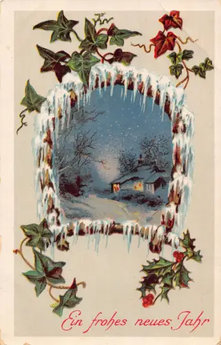Neujahrsgrüße Winterlandschaft Eiszapfen Efeu Blätter Heiliger Baum Postkarte