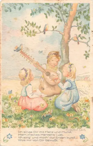 Kunst kleine Mädchen singen unter Baum Blumenkronen Mandoline Vögel Postkarte