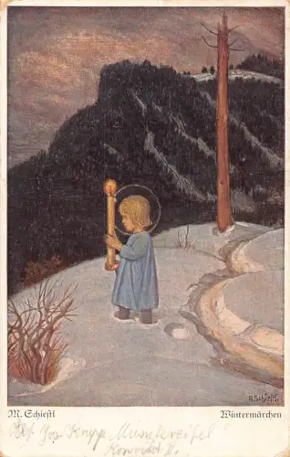 Weihnachtsnacht Kunst signiert M Schiefft Wichtel hält Kerze Nacht Postkarte