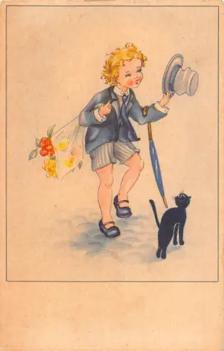 Gezeichneter kleiner Junge mit Hutschirm und Blumenstrauß schwarze Katze Vintage Postkarte