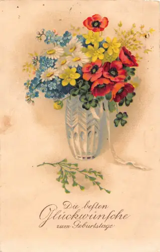 Geburtstagsgrüße 1935 Mohn Vergissmeinnicht Gänseblümchen Blumen in Vase Postkarte