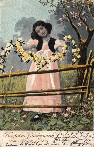Neujahrsgrüße 1905 Mädchen im rosa Kleid mit Blumengirlande Postkarte