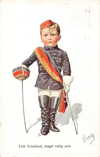 Patriotisch 1914 Vaterland Liebe Junge dünnes Schwert deutsche Flagge Kunst Postkarte