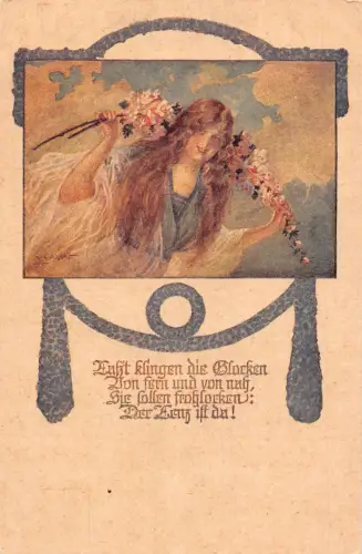 Gedicht Frau lächelt und hält Blütenzweige Bäume Passepartout Postkarte