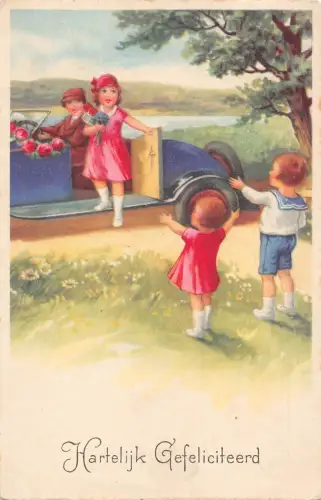 Herzlichen Glückwunsch 1939 Kinder verabschieden sich von Brautpaar Auto Rosen Postkarte