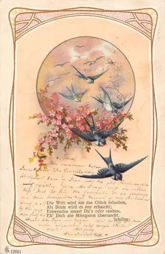 Jugendstil 1903 Schwalbenvögel rosa Blumen Schiller Gedicht Vintage Postkarte