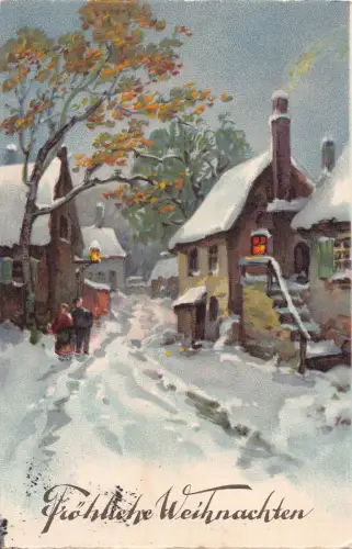 Weihnachtsgrüße 1935 Snowy Road Village Rauchschornstein Vintage Postkarte